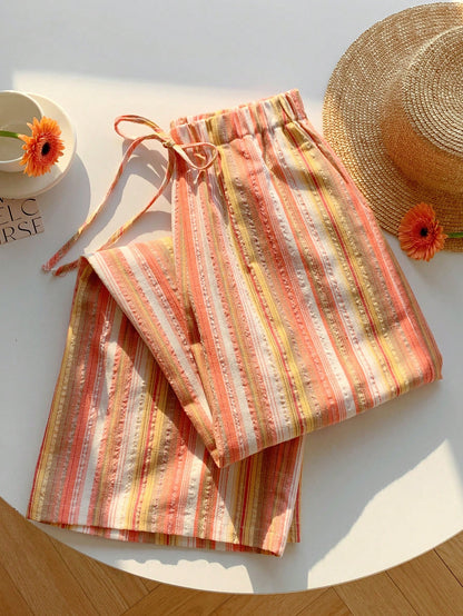Comfortcana Women's Drawstring Waist Red Stripe Wide Leg Pants,Autumn Boho Conservative Beach Vacation Holiday Comfortable Casual Trousers