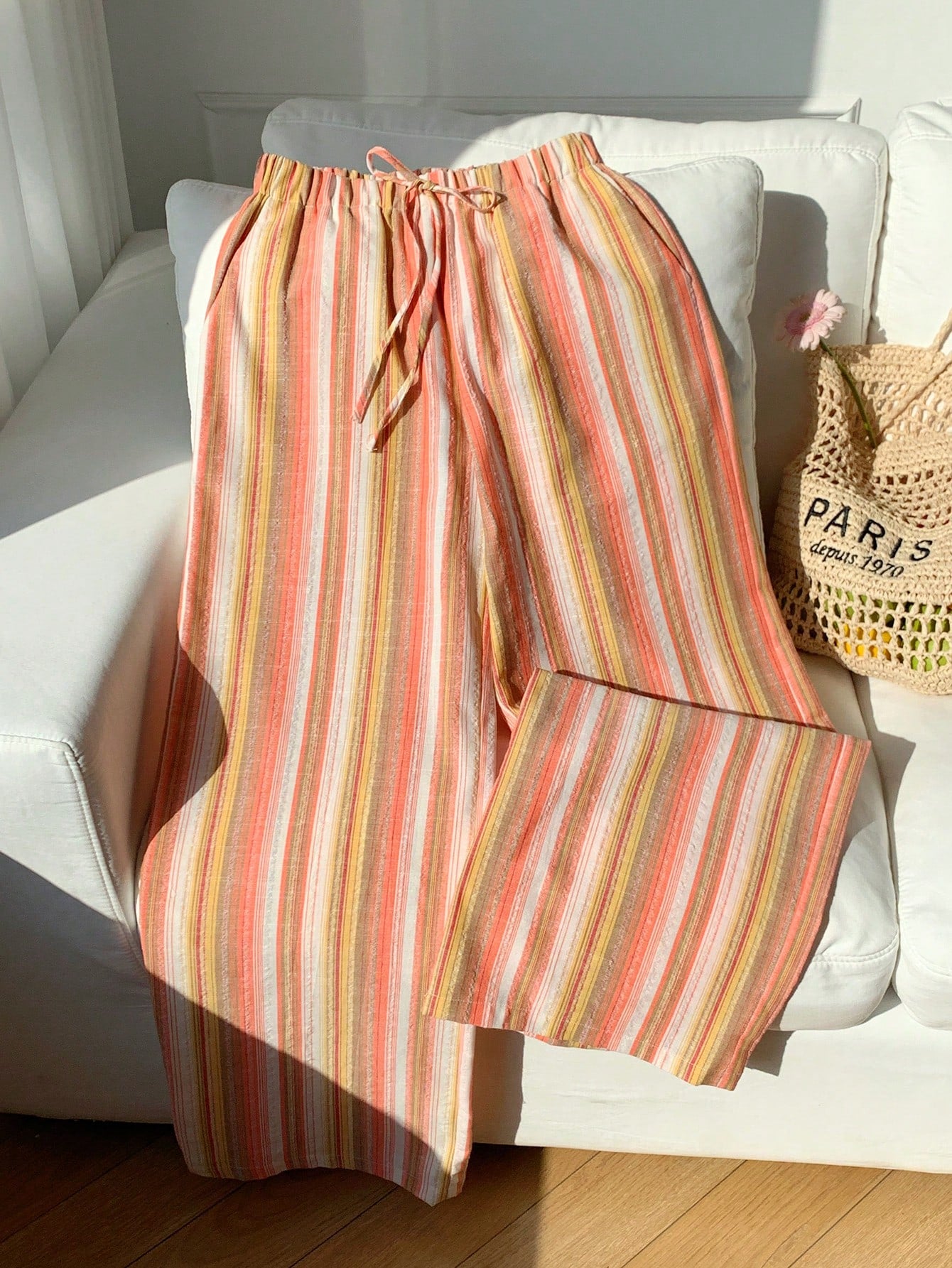 Comfortcana Women's Drawstring Waist Red Stripe Wide Leg Pants,Autumn Boho Conservative Beach Vacation Holiday Comfortable Casual Trousers