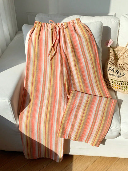 Comfortcana Women's Drawstring Waist Red Stripe Wide Leg Pants,Autumn Boho Conservative Beach Vacation Holiday Comfortable Casual Trousers