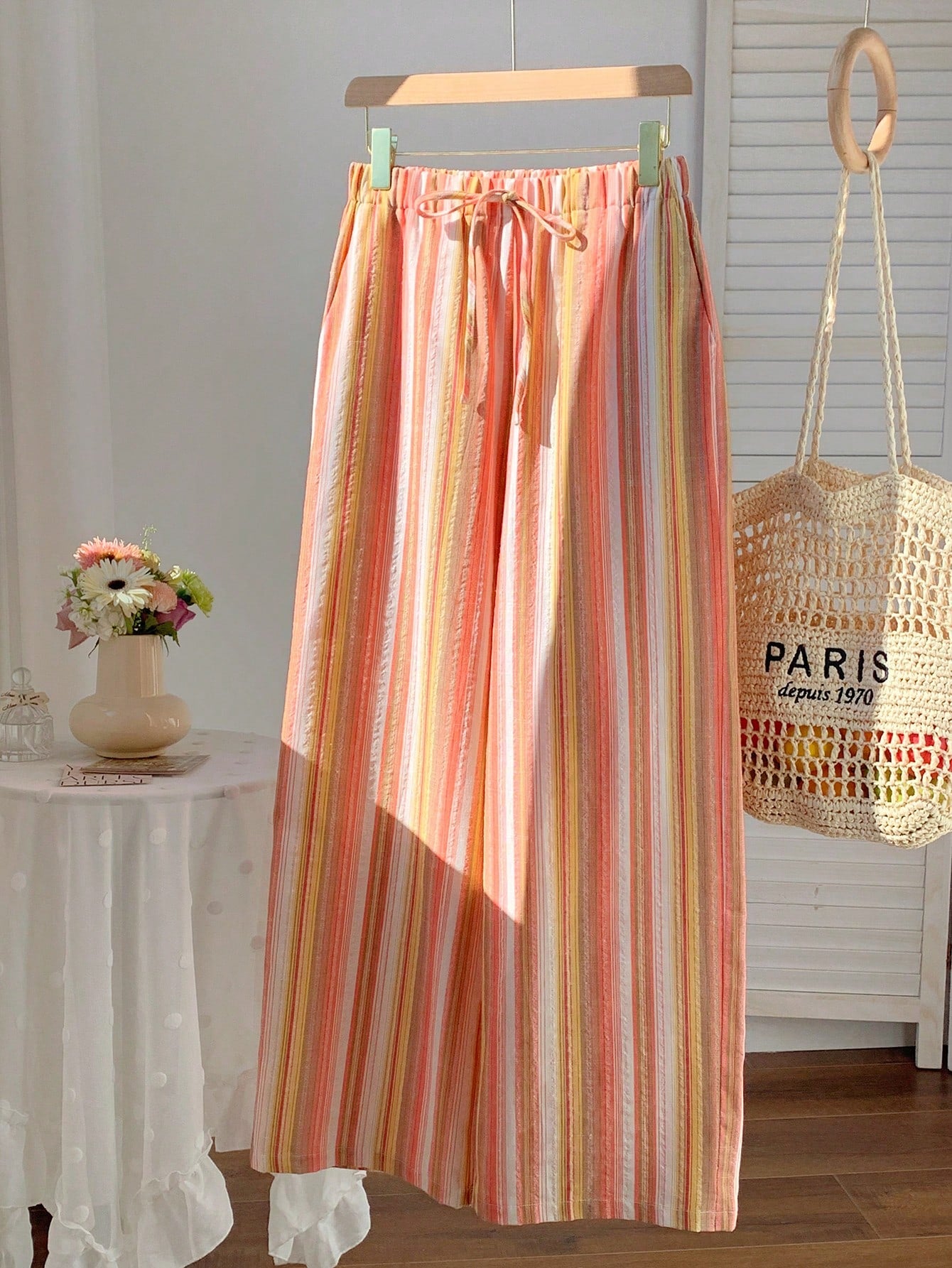 Comfortcana Women's Drawstring Waist Red Stripe Wide Leg Pants,Autumn Boho Conservative Beach Vacation Holiday Comfortable Casual Trousers