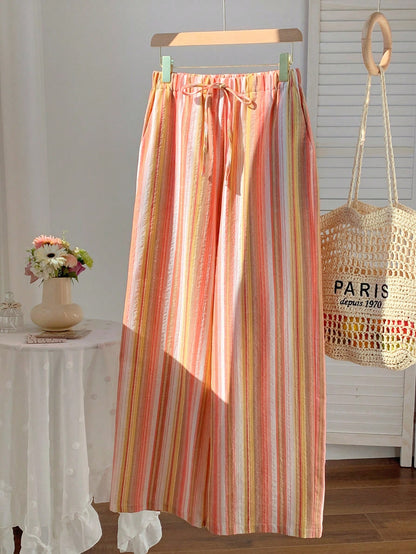 Comfortcana Women's Drawstring Waist Red Stripe Wide Leg Pants,Autumn Boho Conservative Beach Vacation Holiday Comfortable Casual Trousers