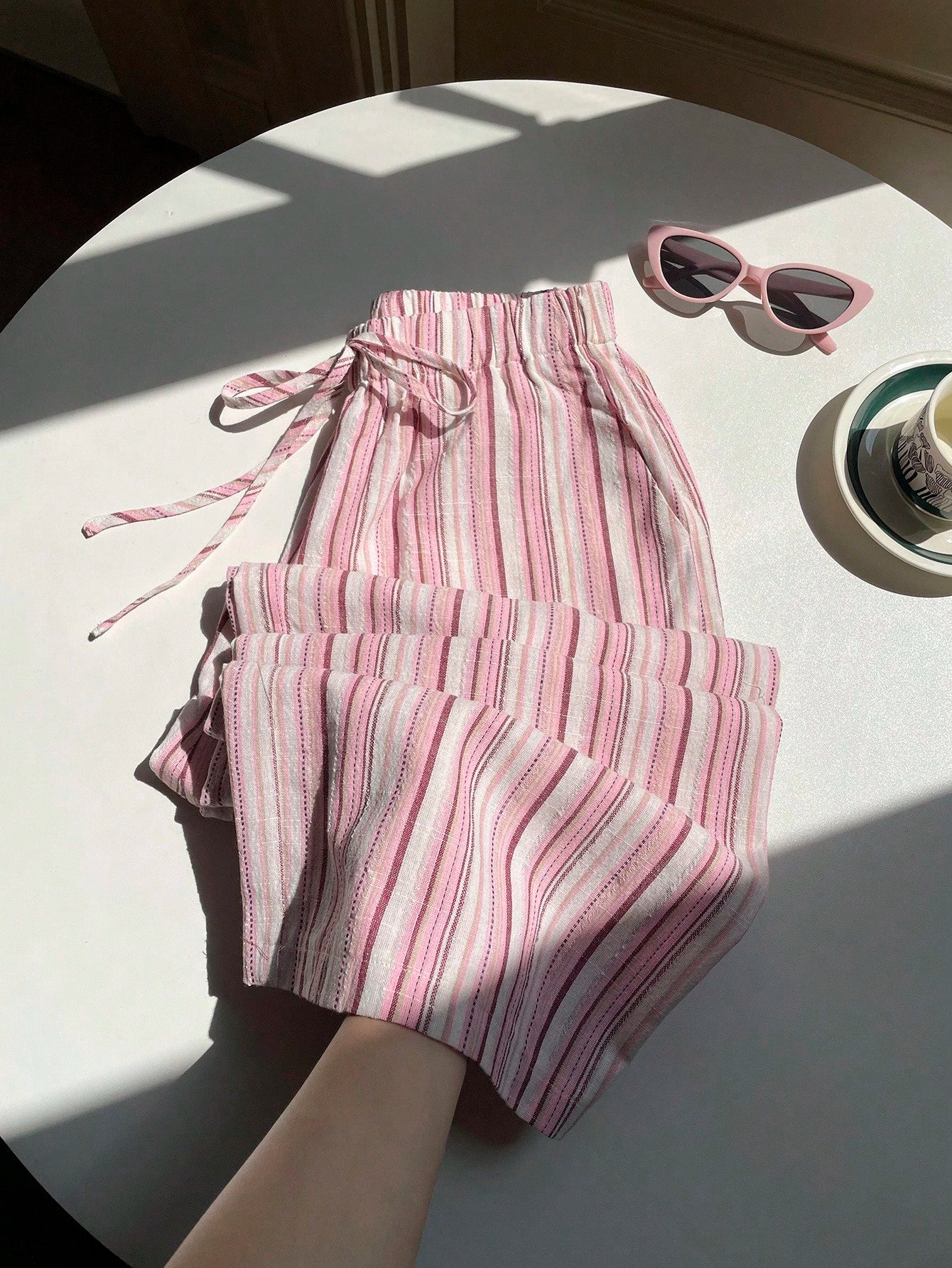 Comfortcana Women's Drawstring Waist Red Stripe Wide Leg Pants,Autumn Boho Conservative Beach Vacation Holiday Comfortable Casual Trousers