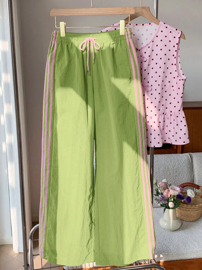 Comfortcana Women's Light Green Side Stripe Elastic Waist Loose Casual Sports Pants, Suitable For Spring/Summer, Christmas, Y2K, New Year Casual Outings