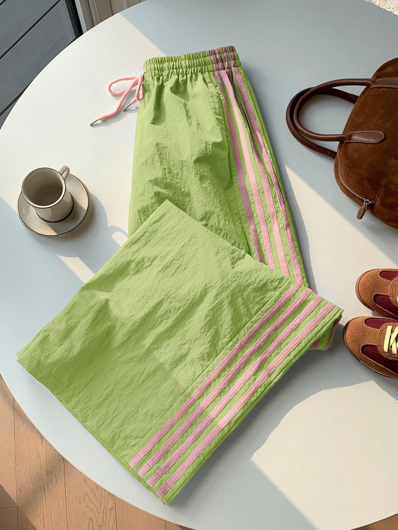 Comfortcana Women's Light Green Side Stripe Elastic Waist Loose Casual Sports Pants, Suitable For Spring/Summer, Christmas, Y2K, New Year Casual Outings