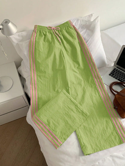 Comfortcana Women's Light Green Side Stripe Elastic Waist Loose Casual Sports Pants, Suitable For Spring/Summer, Christmas, Y2K, New Year Casual Outings