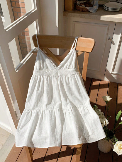 Comfortcana Women's Summer Vacation Casual Tropical European Sexy Cotton And Linen White Hollow Embroidery Patchwork Spaghetti Straps Mini Dress