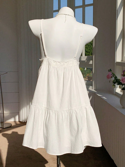 Comfortcana Women's Summer Vacation Casual Tropical European Sexy Cotton And Linen White Hollow Embroidery Patchwork Spaghetti Straps Mini Dress