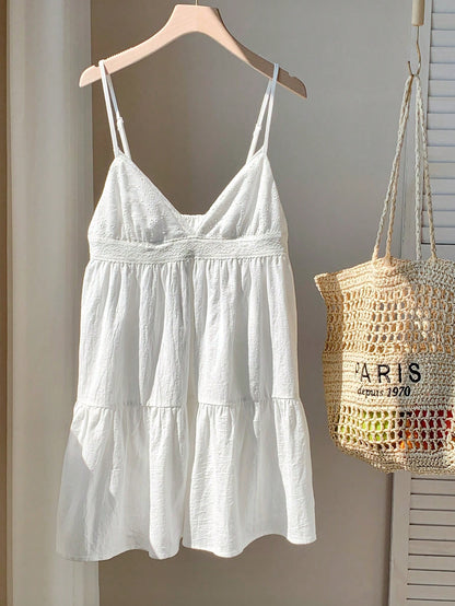 Comfortcana Women's Summer Vacation Casual Tropical European Sexy Cotton And Linen White Hollow Embroidery Patchwork Spaghetti Straps Mini Dress