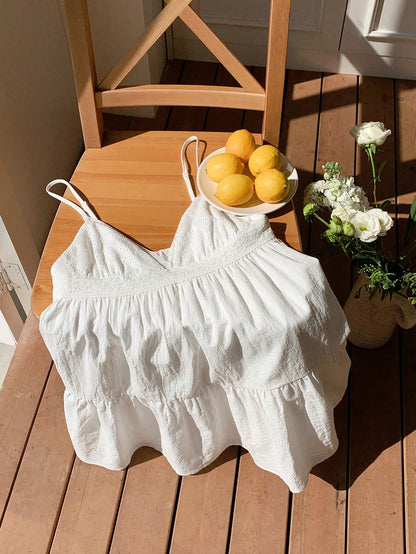 Comfortcana Women's Summer Vacation Casual Tropical European Sexy Cotton And Linen White Hollow Embroidery Patchwork Spaghetti Straps Mini Dress