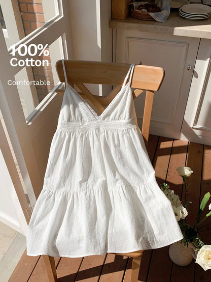 Comfortcana Women's Summer Vacation Casual Tropical European Sexy Cotton And Linen White Hollow Embroidery Patchwork Spaghetti Straps Mini Dress