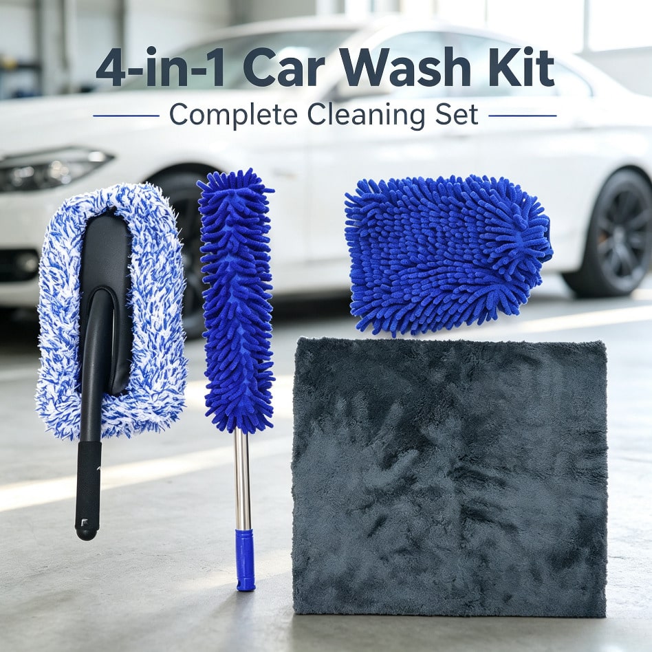 Complete 4-In-1 Car Cleaning Kit, Soft Microfiber Vehicle Wash Tools For Exterior & Interior Detailing