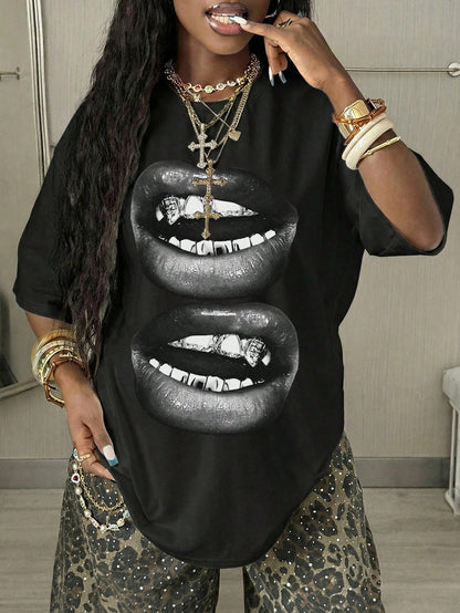 Coolane Oversized Casual Minimalist Street Style Black Lip Print Round Neck Short Sleeve Loose T-Shirt For Women, Suitable For Spring/Summer