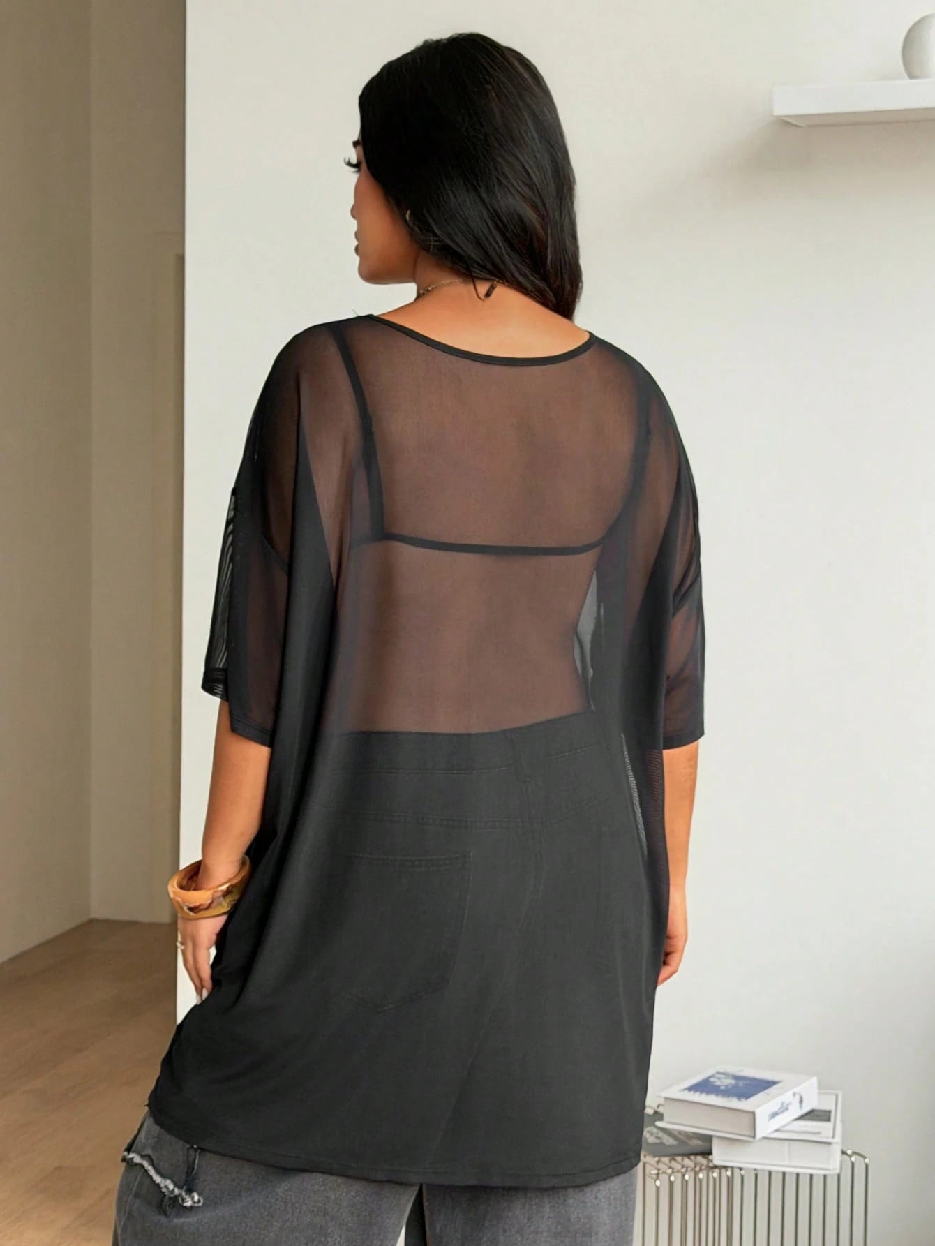 Coolane Women's Plus Size Summer Fall Brunch Date Night Party Rave Sexy Crew Neck Short Sleeve Sheer Top Inclusive Sizing Black Halloween