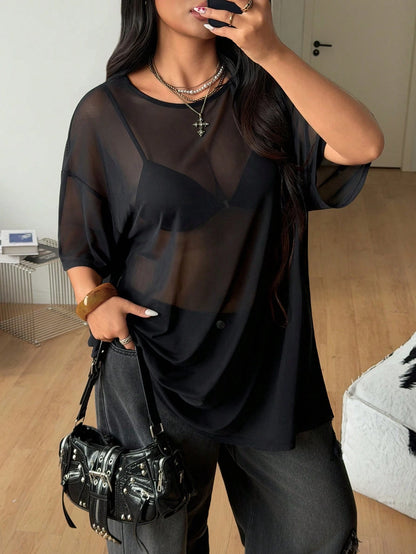 Coolane Women's Plus Size Summer Fall Brunch Date Night Party Rave Sexy Crew Neck Short Sleeve Sheer Top Inclusive Sizing Black Halloween