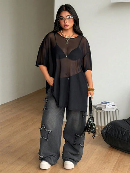 Coolane Women's Plus Size Summer Fall Brunch Date Night Party Rave Sexy Crew Neck Short Sleeve Sheer Top Inclusive Sizing Black Halloween