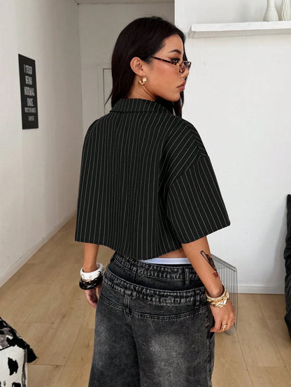 Coolane Women's Spring/Summer Vintage Preppy Streetwear Casual Homecoming Basic Daily Wear Crop Plaid Loose Tops Black Shirt Blazer Set For Women,Summer Top
