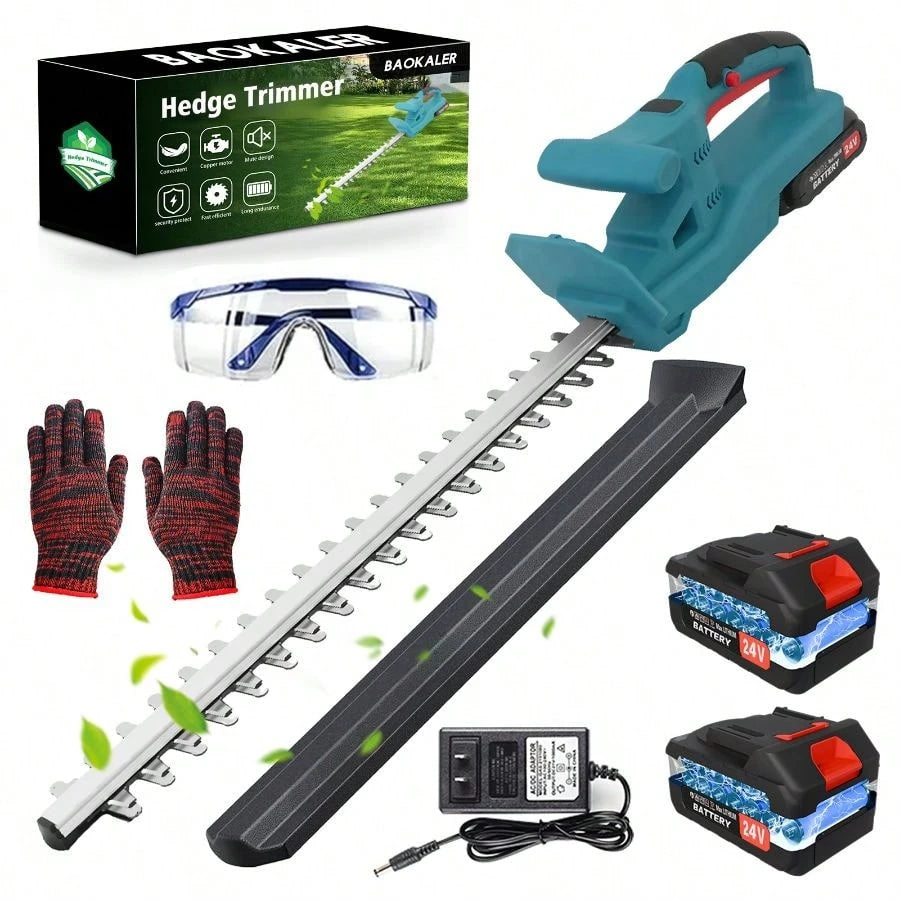 Cordless 24V Electric Hedge Trimmer (20-Inch), 1000W 3000 RPM Motor With 2 Batteries & Charger, Splash Water Baffle & Rotating Handle For Shrubs, Perfect For Yard & Garden Trimming(Blue/Green/Red)