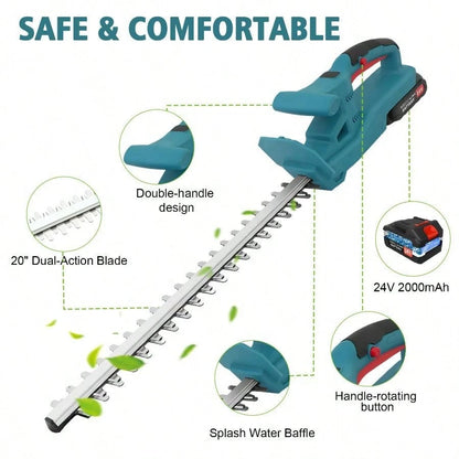 Cordless 24V Electric Hedge Trimmer (20-Inch), 1000W 3000 RPM Motor With 2 Batteries & Charger, Splash Water Baffle & Rotating Handle For Shrubs, Perfect For Yard & Garden Trimming(Blue/Green/Red)