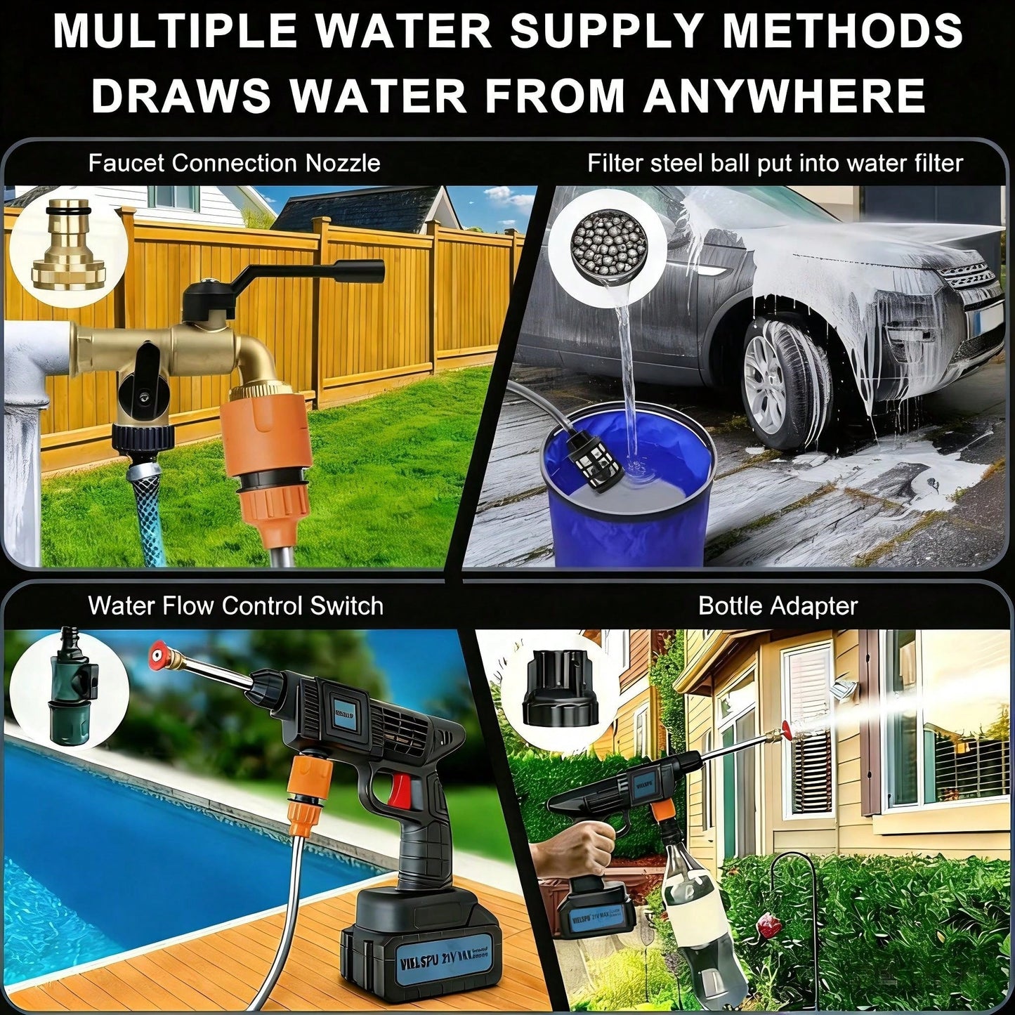 Cordless Pressure Washer Battery Powered,Portable Power Washer With 2pcs 4.5Ah 21V Battery&Charger & 6-In-1 Nozzle,2 Power Level & On/Off Button,Handheld Pressure Washer For Car,Home,Garden Patio Cord