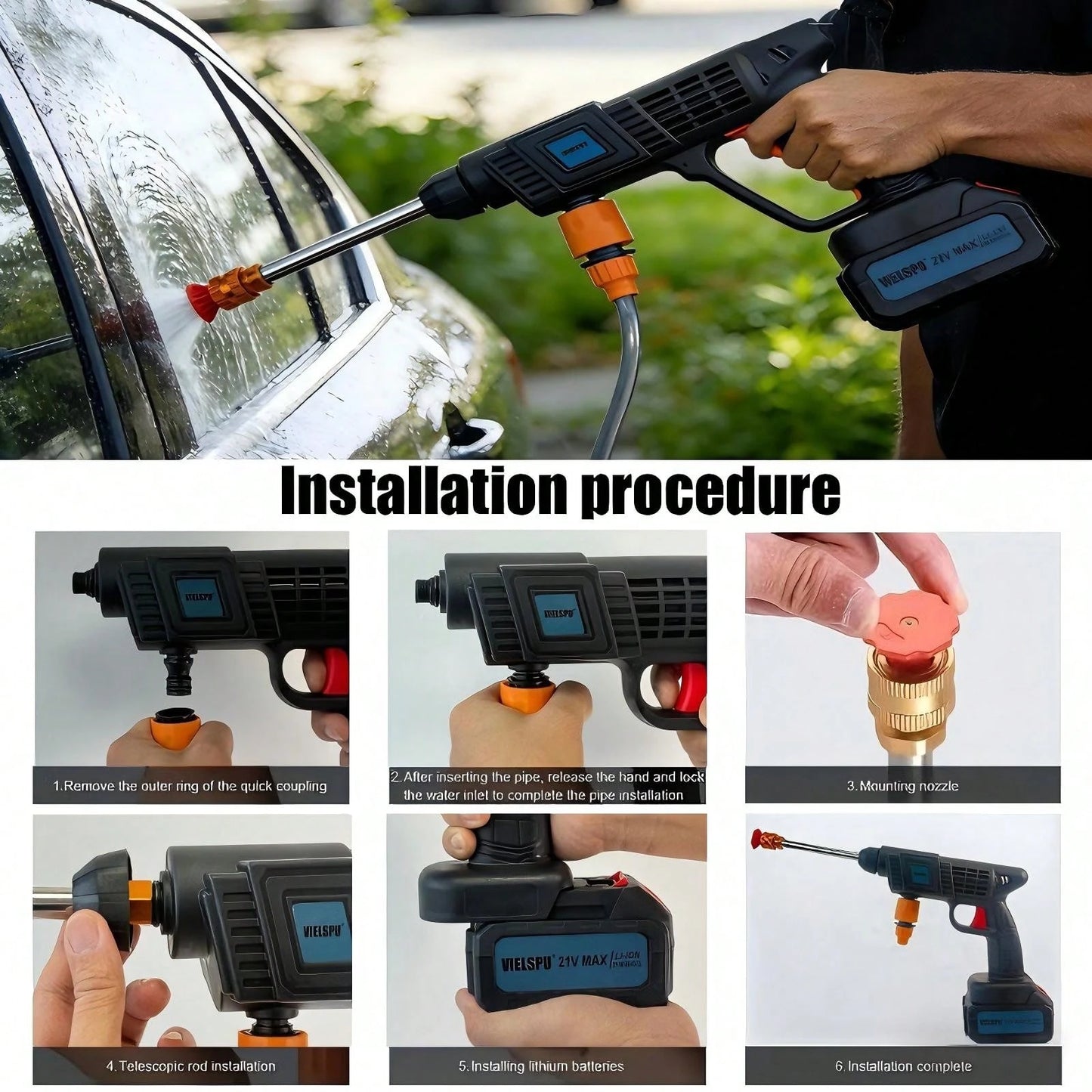 Cordless Pressure Washer Battery Powered,Portable Power Washer With 2pcs 4.5Ah 21V Battery&Charger & 6-In-1 Nozzle,2 Power Level & On/Off Button,Handheld Pressure Washer For Car,Home,Garden Patio Cord