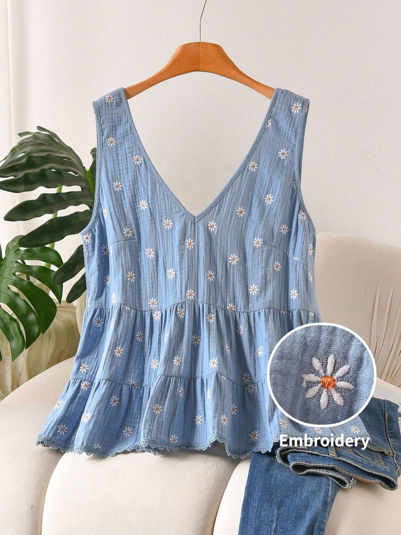 CosyJoli Plus Size Women Summer Casual Floral Embroidery Ruffle Hem Sleeveless Blouse