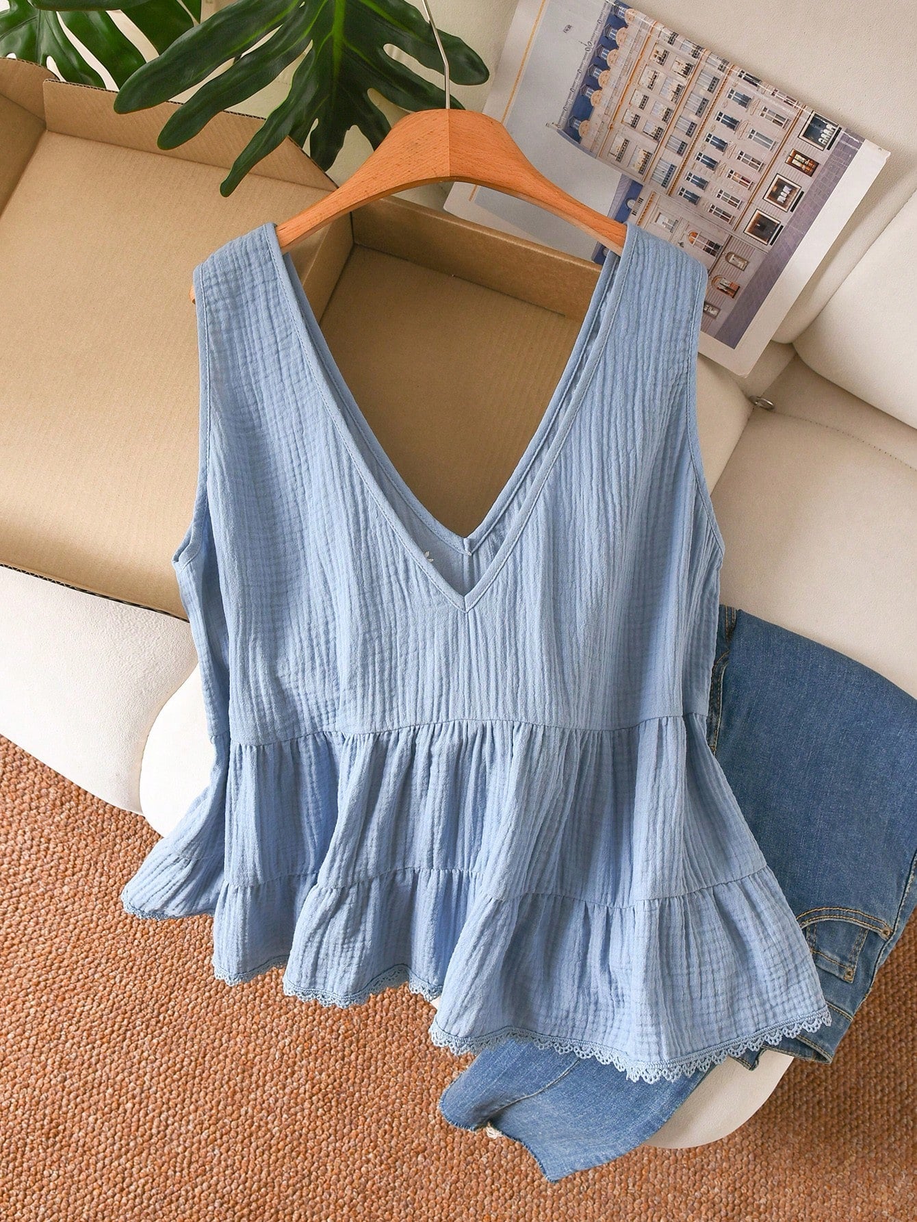 CosyJoli Plus Size Women Summer Casual Floral Embroidery Ruffle Hem Sleeveless Blouse