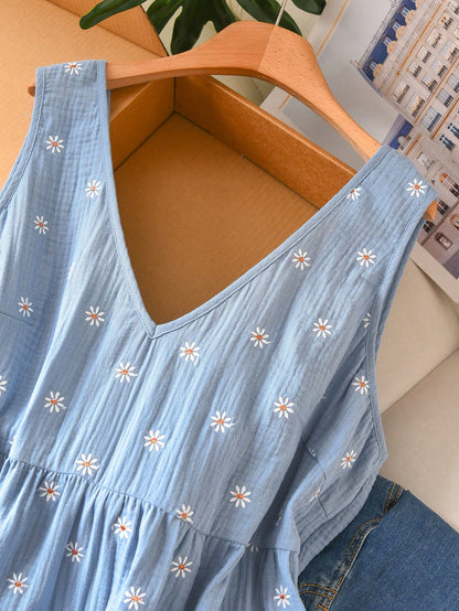CosyJoli Plus Size Women Summer Casual Floral Embroidery Ruffle Hem Sleeveless Blouse