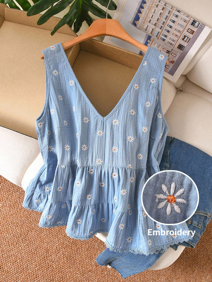 CosyJoli Plus Size Women Summer Casual Floral Embroidery Ruffle Hem Sleeveless Blouse