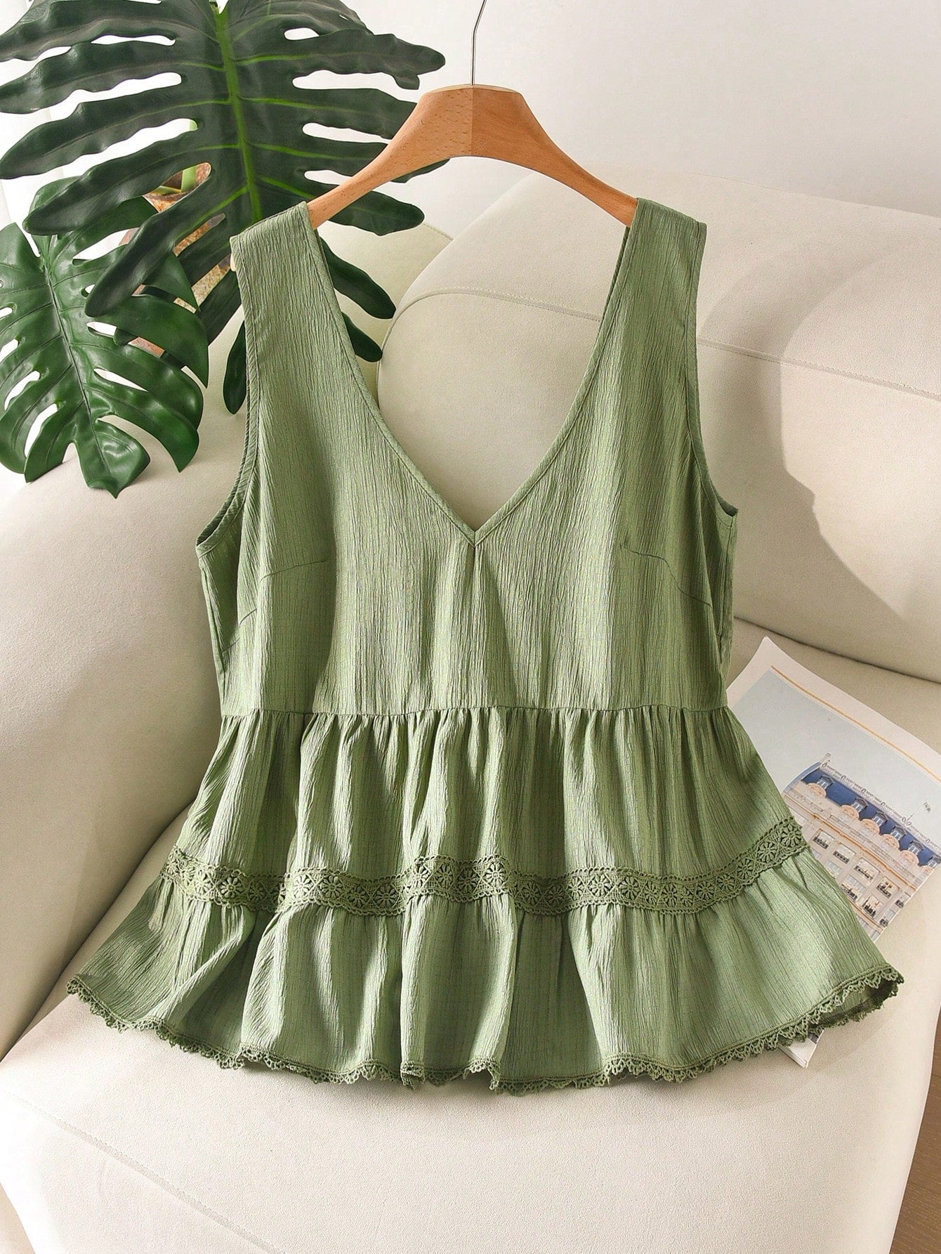 CosyJoli Plus Size Women Summer Casual Floral Embroidery Ruffle Hem Sleeveless Blouse