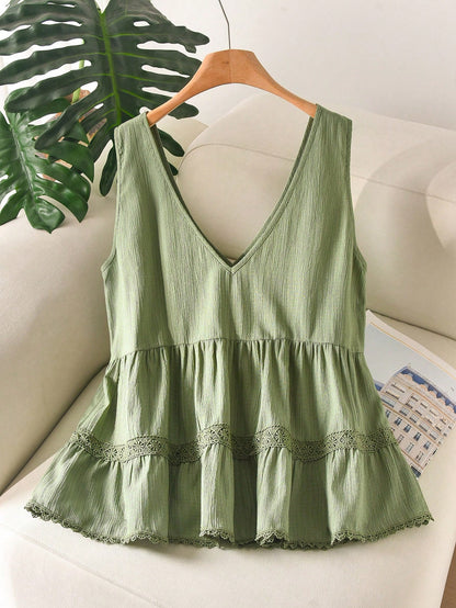 CosyJoli Plus Size Women Summer Casual Floral Embroidery Ruffle Hem Sleeveless Blouse