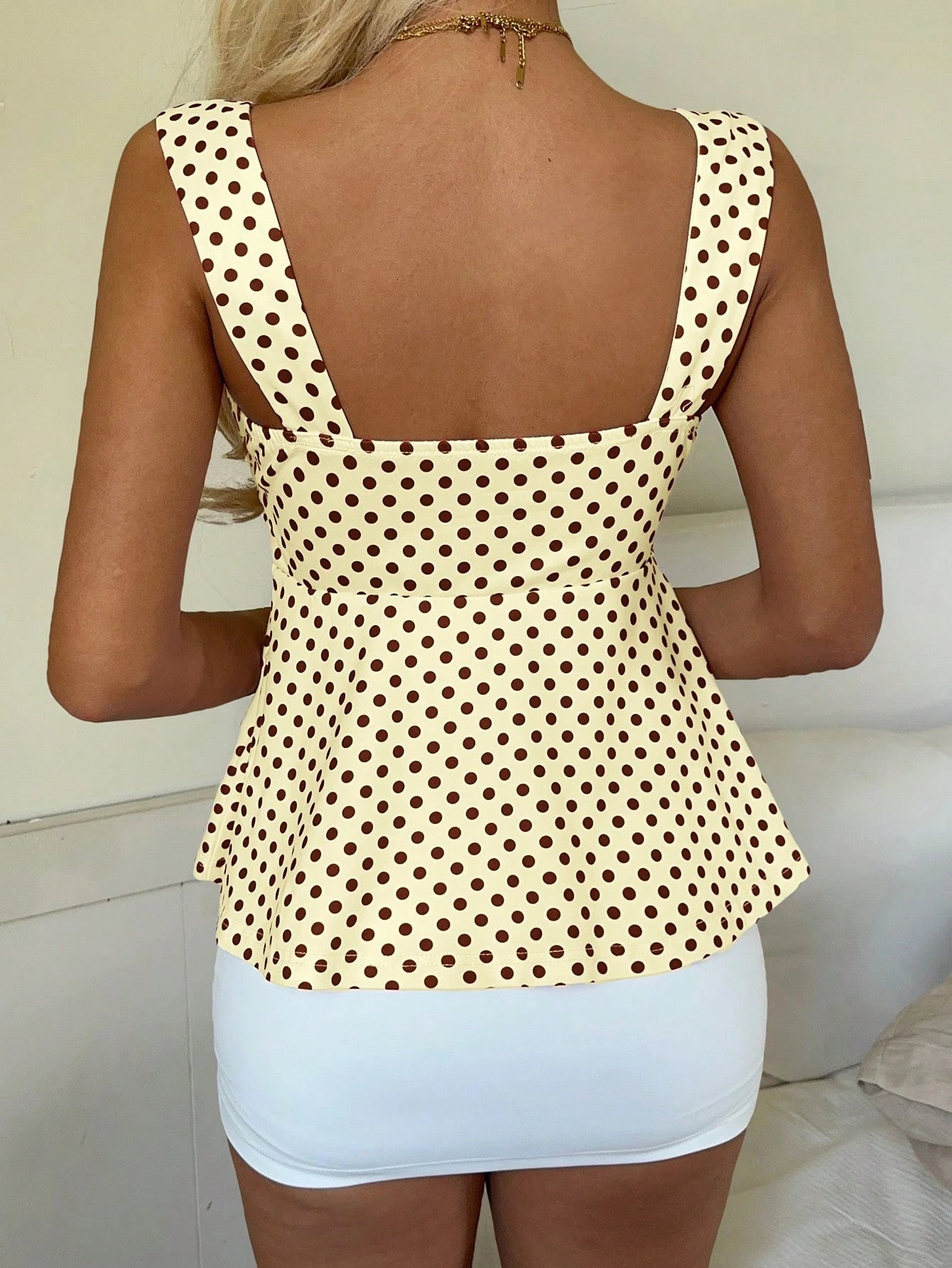 CovetEZ 2026 Spring/Summer New Women's Apparel: Buttercup Yellow & Brown Polka Dot Cute Casual Versatile Ruffle Drawstring Blouse/Tank Top,Summer Top