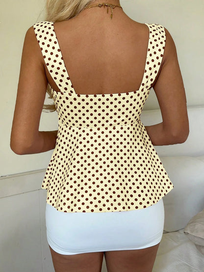 CovetEZ 2026 Spring/Summer New Women's Apparel: Buttercup Yellow & Brown Polka Dot Cute Casual Versatile Ruffle Drawstring Blouse/Tank Top,Summer Top