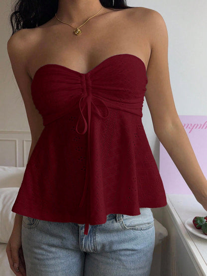 CovetEZ Burgundy Strapless Casual Tube Top Women's Knitted Sleeveless Ruched Flared Long Cute Red Wine Tops For Women Dark