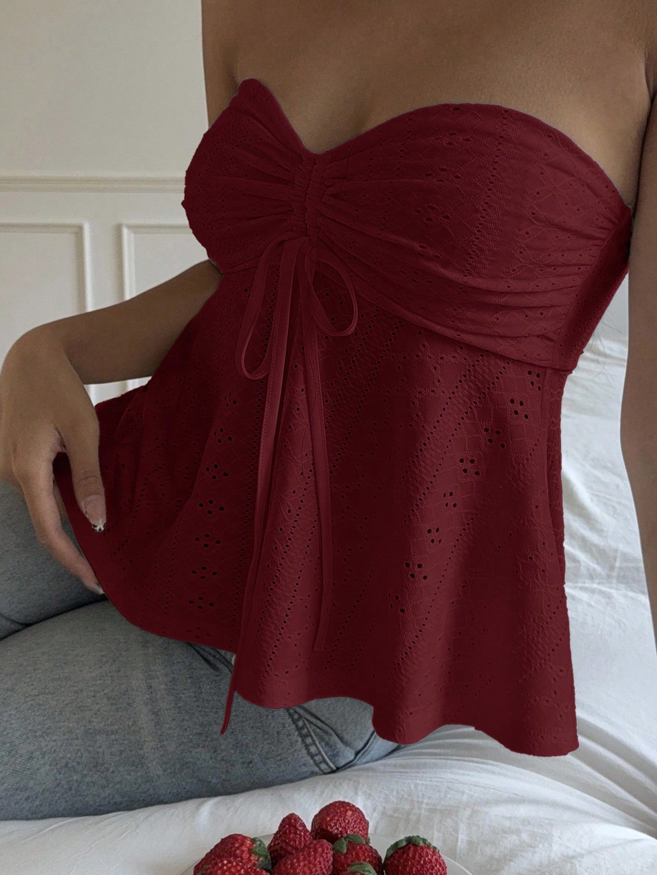 CovetEZ Burgundy Strapless Casual Tube Top Women's Knitted Sleeveless Ruched Flared Long Cute Red Wine Tops For Women Dark
