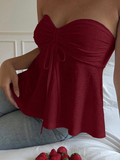 CovetEZ Burgundy Strapless Casual Tube Top Women's Knitted Sleeveless Ruched Flared Long Cute Red Wine Tops For Women Dark
