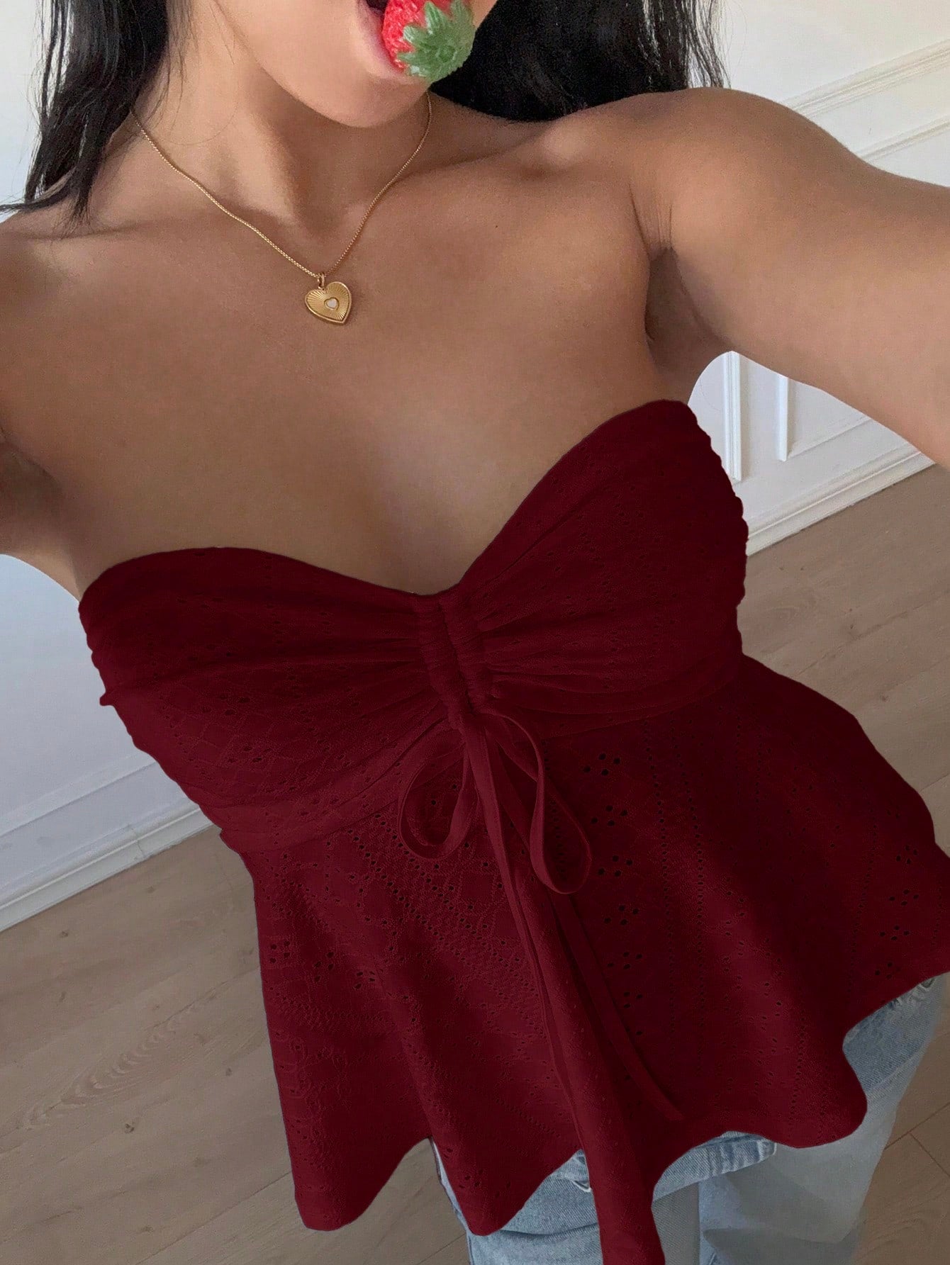CovetEZ Burgundy Strapless Casual Tube Top Women's Knitted Sleeveless Ruched Flared Long Cute Red Wine Tops For Women Dark