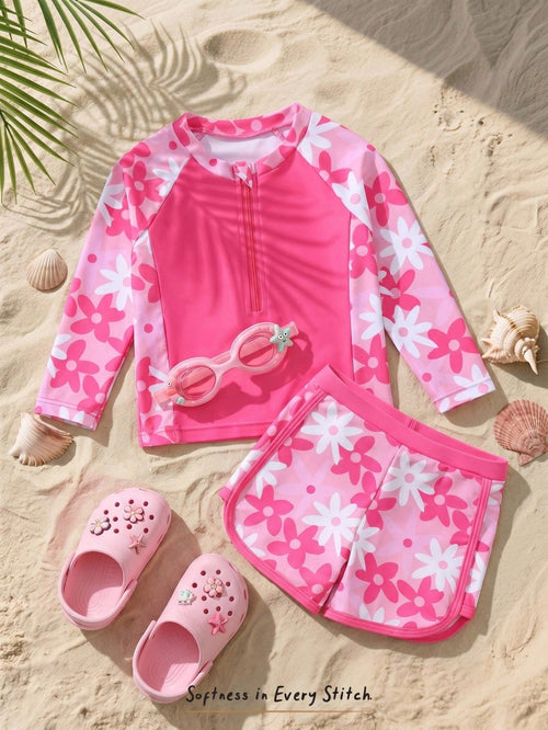 Cozy Pixies 2pcs Baby Girl Loose Long Sleeve Raglan Sweatshirt And Casual Swim Shorts Set, Suitable For Vacation, Beach, Swimming Pool