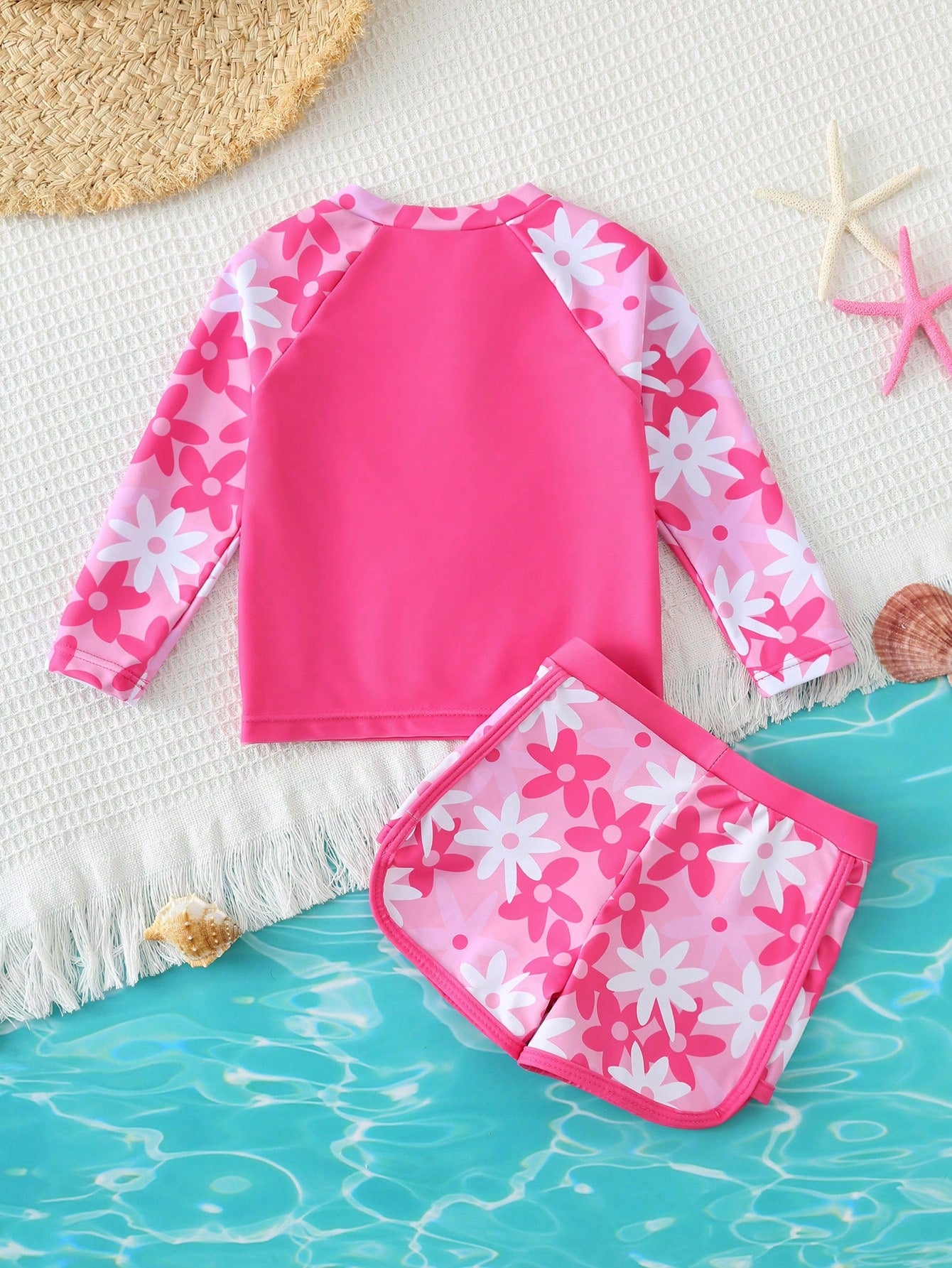 Cozy Pixies 2pcs Baby Girl Loose Long Sleeve Raglan Sweatshirt And Casual Swim Shorts Set, Suitable For Vacation, Beach, Swimming Pool