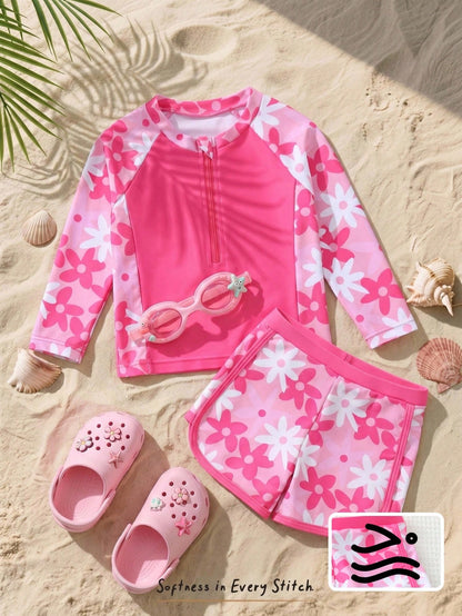 Cozy Pixies 2pcs Baby Girl Loose Long Sleeve Raglan Sweatshirt And Casual Swim Shorts Set, Suitable For Vacation, Beach, Swimming Pool