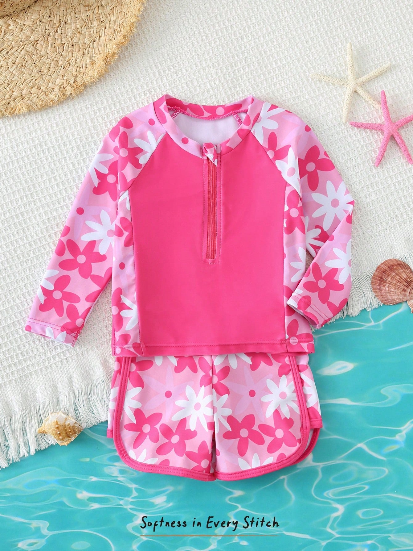 Cozy Pixies 2pcs Baby Girl Loose Long Sleeve Raglan Sweatshirt And Casual Swim Shorts Set, Suitable For Vacation, Beach, Swimming Pool