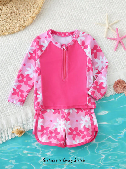 Cozy Pixies 2pcs Baby Girl Loose Long Sleeve Raglan Sweatshirt And Casual Swim Shorts Set, Suitable For Vacation, Beach, Swimming Pool