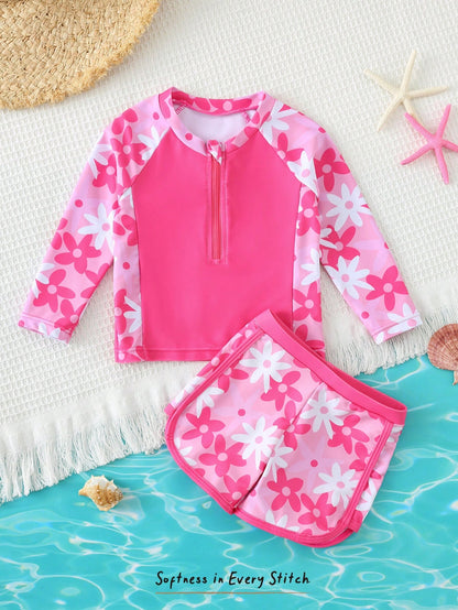 Cozy Pixies 2pcs Baby Girl Loose Long Sleeve Raglan Sweatshirt And Casual Swim Shorts Set, Suitable For Vacation, Beach, Swimming Pool