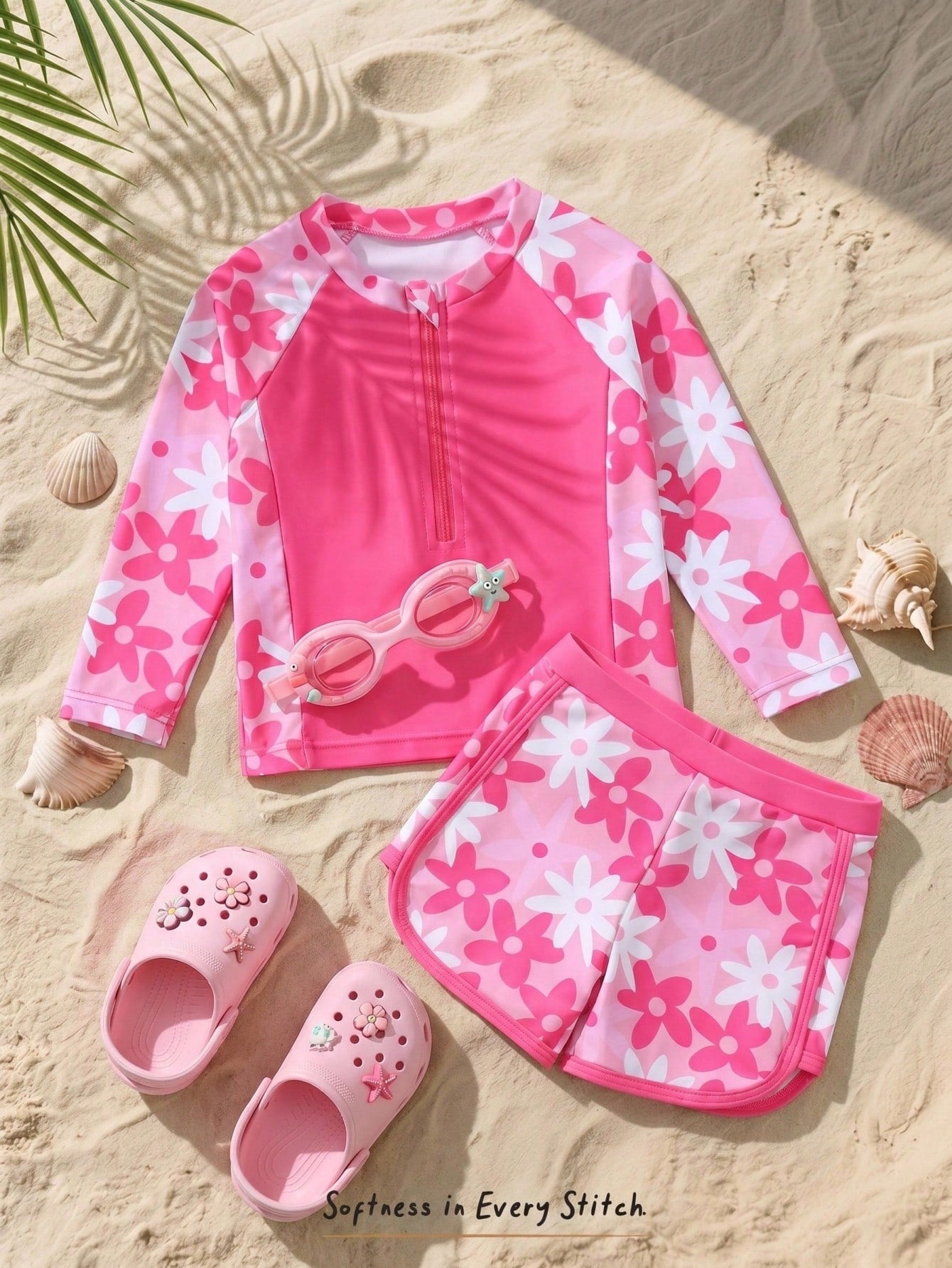 Cozy Pixies 2pcs Baby Girl Loose Long Sleeve Raglan Sweatshirt And Casual Swim Shorts Set, Suitable For Vacation, Beach, Swimming Pool