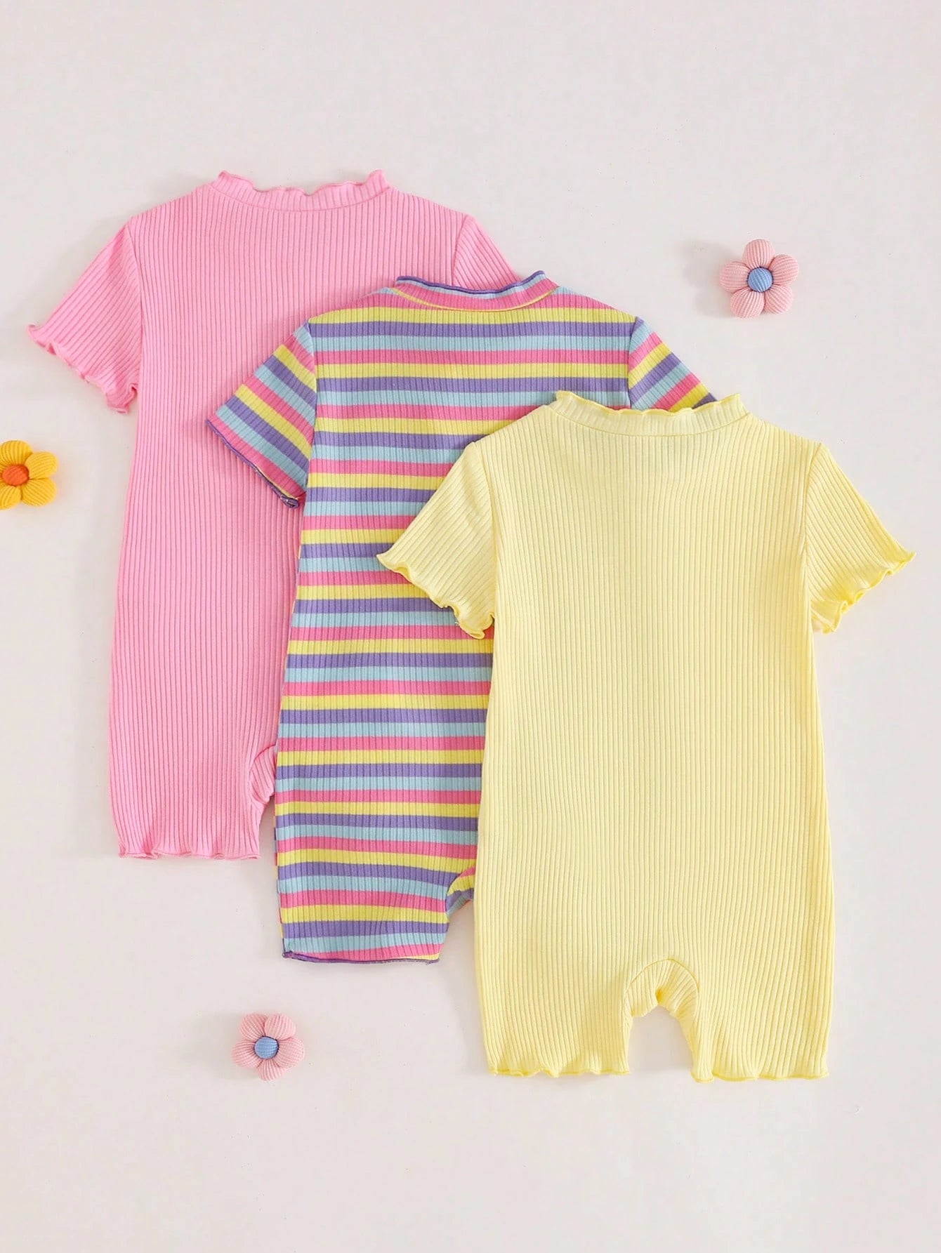 Cozy Pixies 3pcs Baby Girl Floral & Striped Knit Soft Round Neck Short Sleeve Romper & Shorts Set