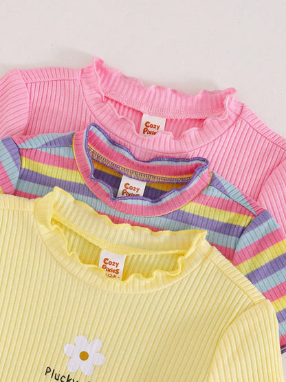 Cozy Pixies 3pcs Baby Girl Floral & Striped Knit Soft Round Neck Short Sleeve Romper & Shorts Set