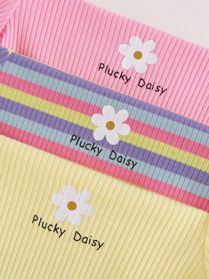 Cozy Pixies 3pcs Baby Girl Floral & Striped Knit Soft Round Neck Short Sleeve Romper & Shorts Set
