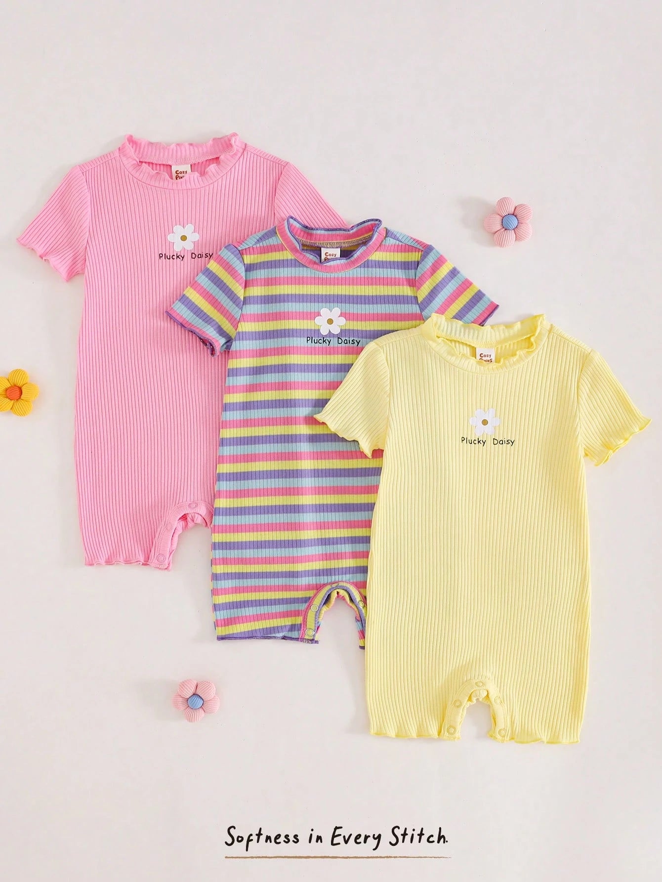 Cozy Pixies 3pcs Baby Girl Floral & Striped Knit Soft Round Neck Short Sleeve Romper & Shorts Set