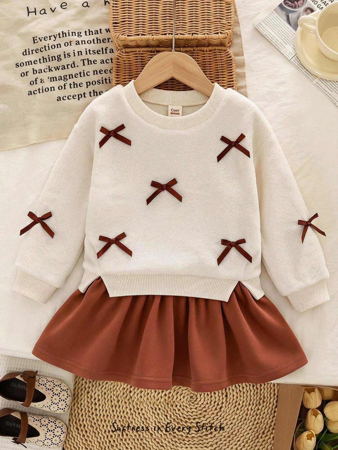 Cozy Pixies Baby Girl White Fleece 3D Bow Decor Soft Plush Sweatshirt 2 In 1 Crew Neck Long Sleeve Autumn Dress