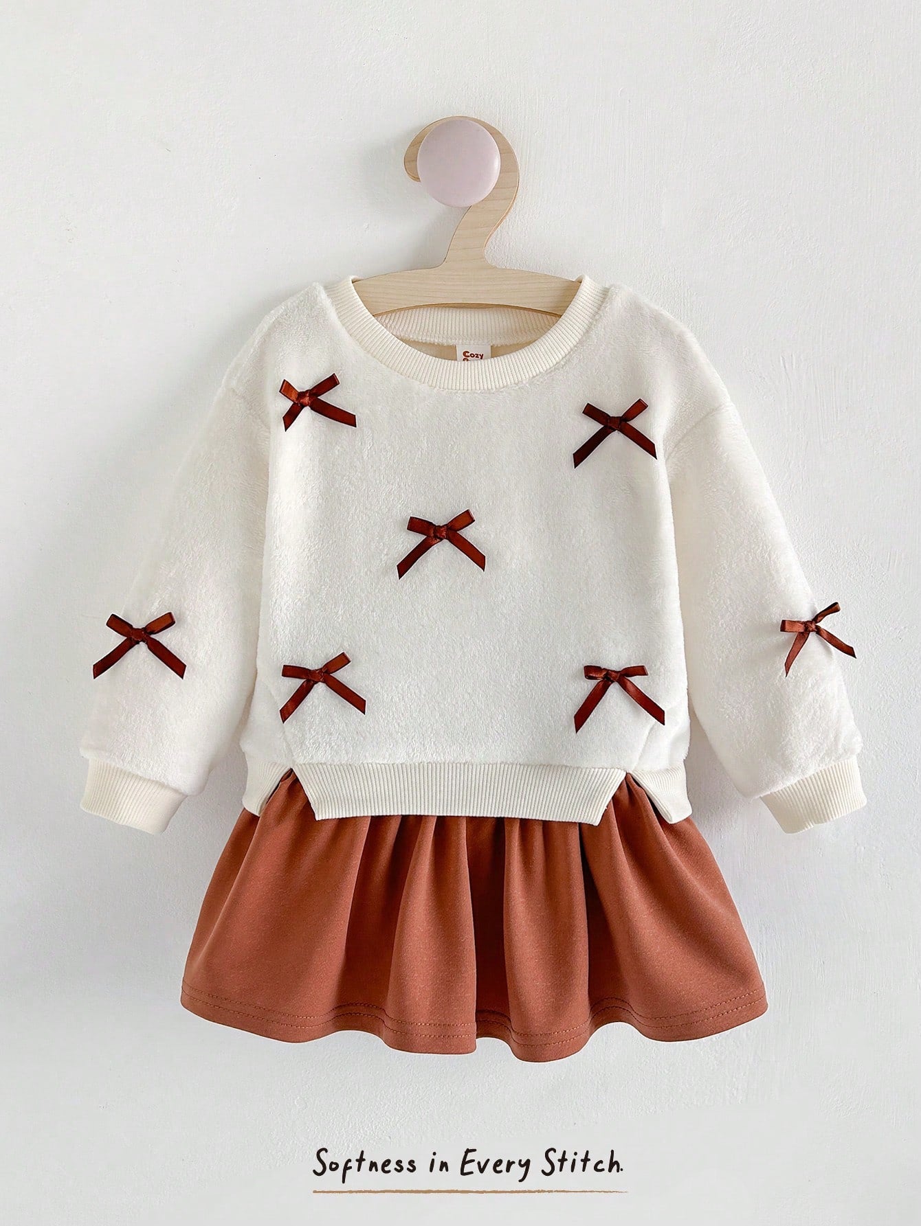 Cozy Pixies Baby Girl White Fleece 3D Bow Decor Soft Plush Sweatshirt 2 In 1 Crew Neck Long Sleeve Autumn Dress