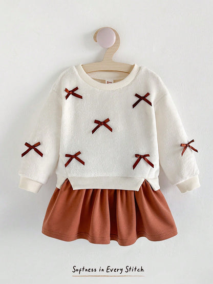 Cozy Pixies Baby Girl White Fleece 3D Bow Decor Soft Plush Sweatshirt 2 In 1 Crew Neck Long Sleeve Autumn Dress